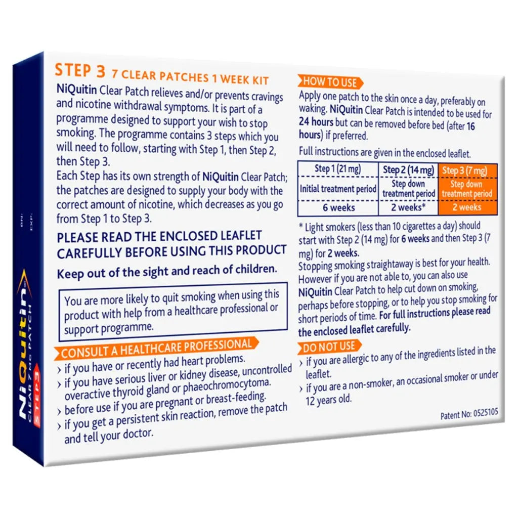NiQuitin 7mg Nicotine Patches (Step 3-7 Clear Patches) - 24 Hour Craving Control - 1 Week Treatment Patches to Quit Or Reduce - Discreet Transparent Stop Smoking & Vaping Aids - BBE 07/2028 NiQuitin
