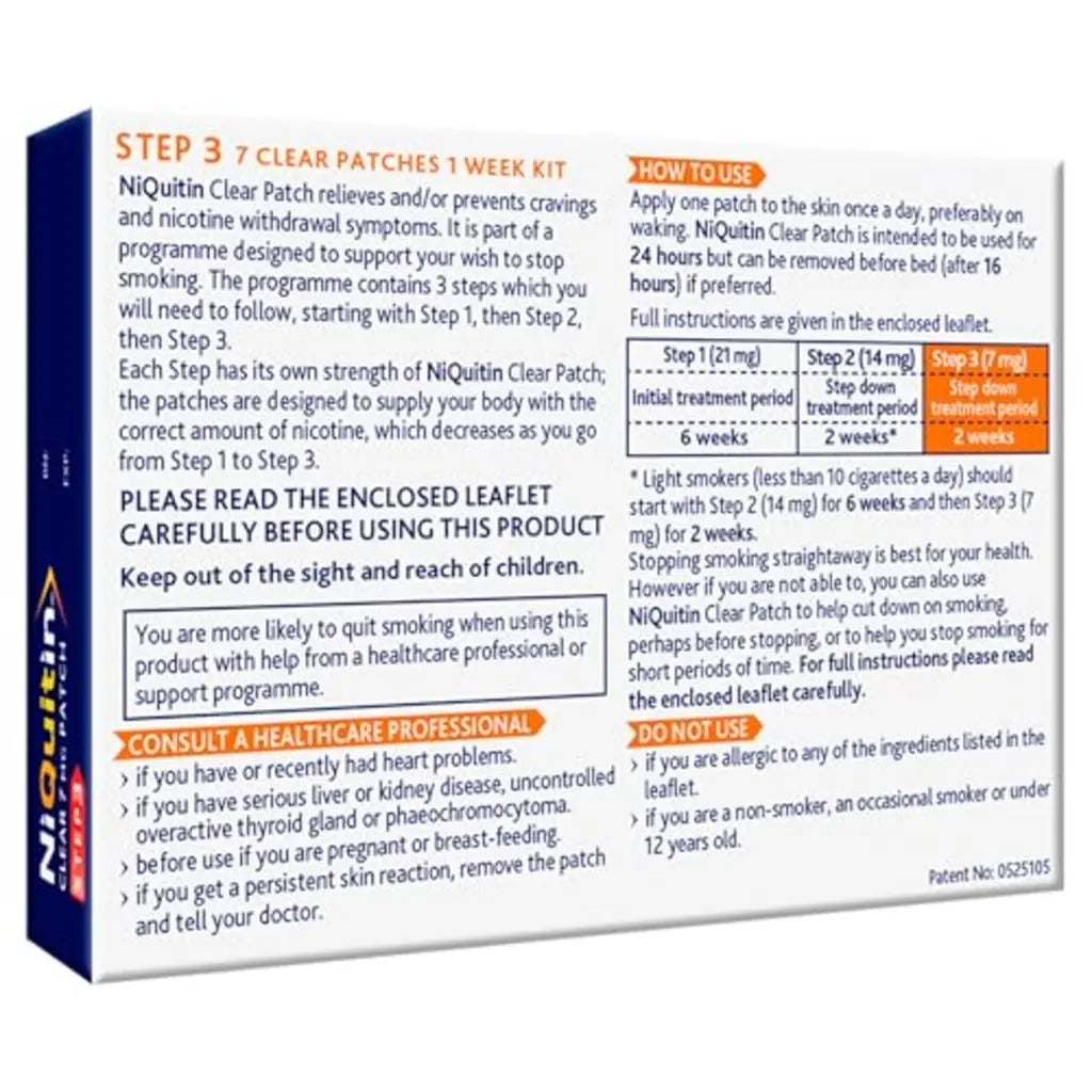 NiQuitin 7mg Nicotine Patches (Step 3-7 Clear Patches) - 24 Hour Craving Control - 1 Week Treatment Patches to Quit Or Reduce - Discreet Transparent Stop Smoking & Vaping Aids - BBE 07/2028 NiQuitin