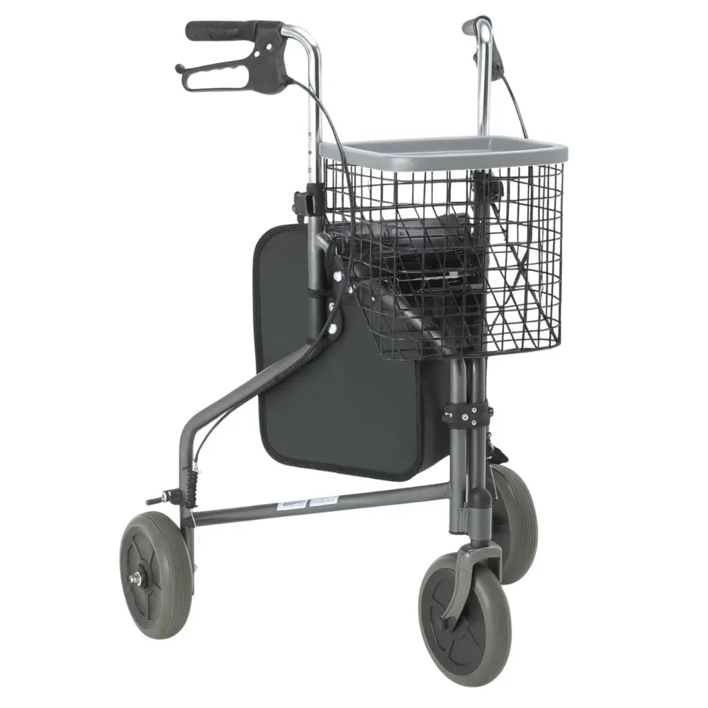 DAYS Folding Three Wheeled Rollator Walker - Compact Mobility Aids with Adjustable Height - Lightweight Steel Frame with Tray, Basket, Carry Bag, Mobility Walkers, Lockable Brakes - Quartz Grey - Very Good DAYS