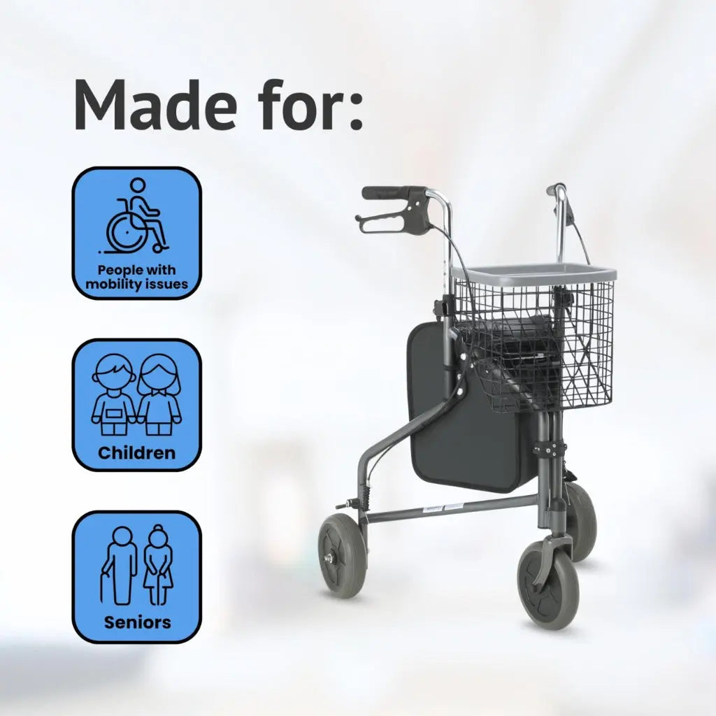 DAYS Folding Three Wheeled Rollator Walker - Compact Mobility Aids with Adjustable Height - Lightweight Steel Frame with Tray, Basket, Carry Bag, Mobility Walkers, Lockable Brakes - Quartz Grey - Very Good DAYS