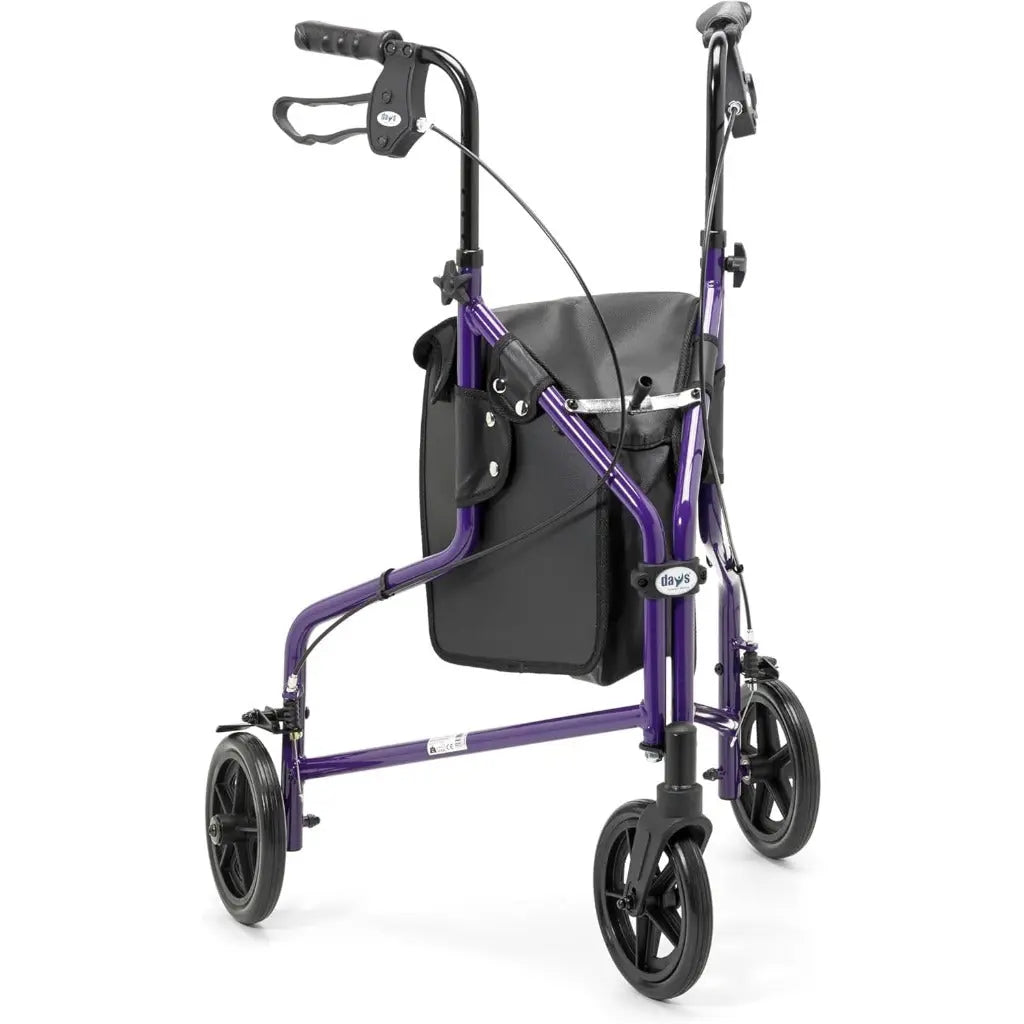 Days Lightweight Tri Wheel Walker Rollator - Aluminium Mobility Walker with Adjustable Height and Brakes - Foldable Walking Frame with Carry Bag - Mobility Aid for Elderly - Purple - Very Good Days