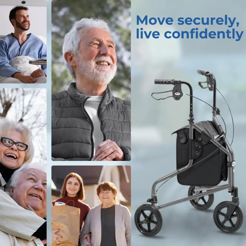 Days Lightweight Tri Wheel Walker Rollator - Aluminium Mobility Walker with Adjustable Height and Brakes - Foldable Walking Frame with Carry Bag - Mobility Aid for Elderly - Purple - Very Good Days