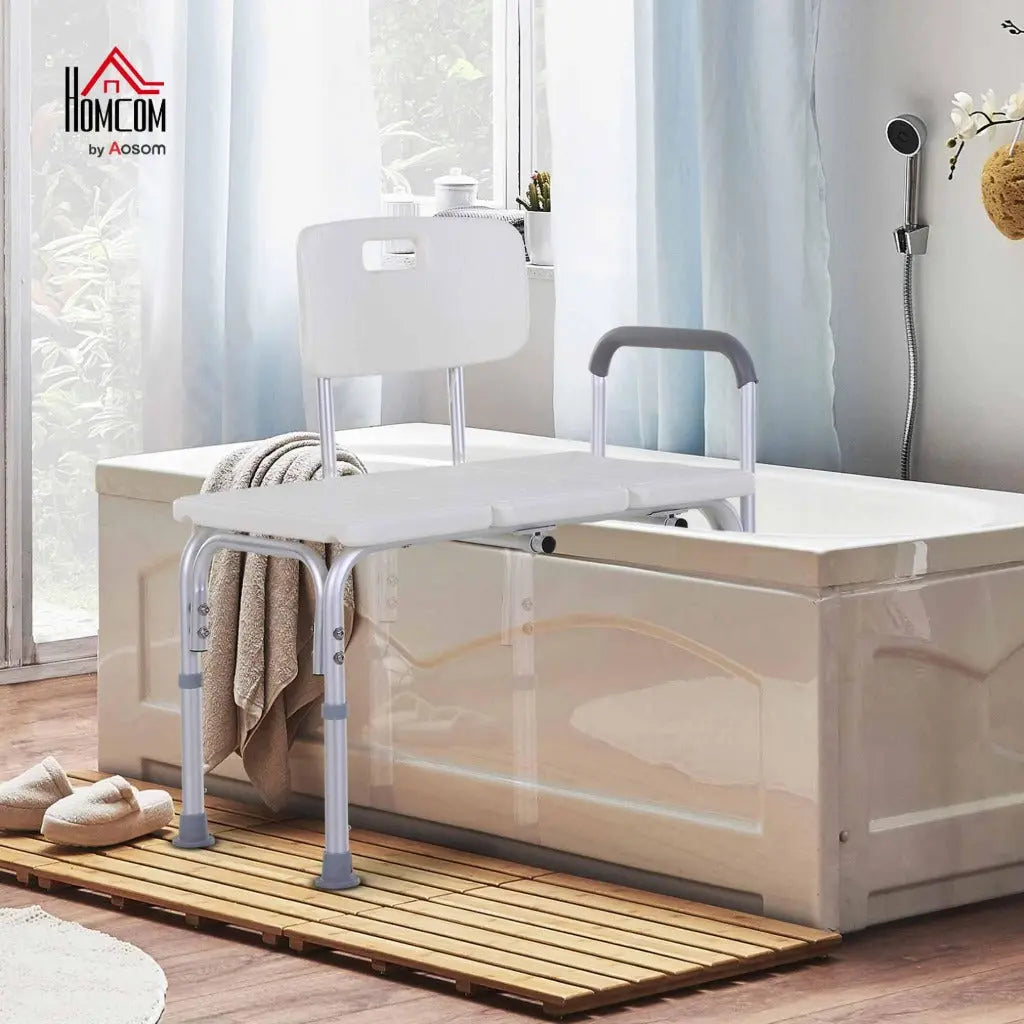 HOMCOM Height Adjustable Shower Chair, Non Slip Bath Transfer Bench for Elderly, Disabled with Armrest and Backrest, 300 lbs Capacity, White - Damaged Box HOMCOM