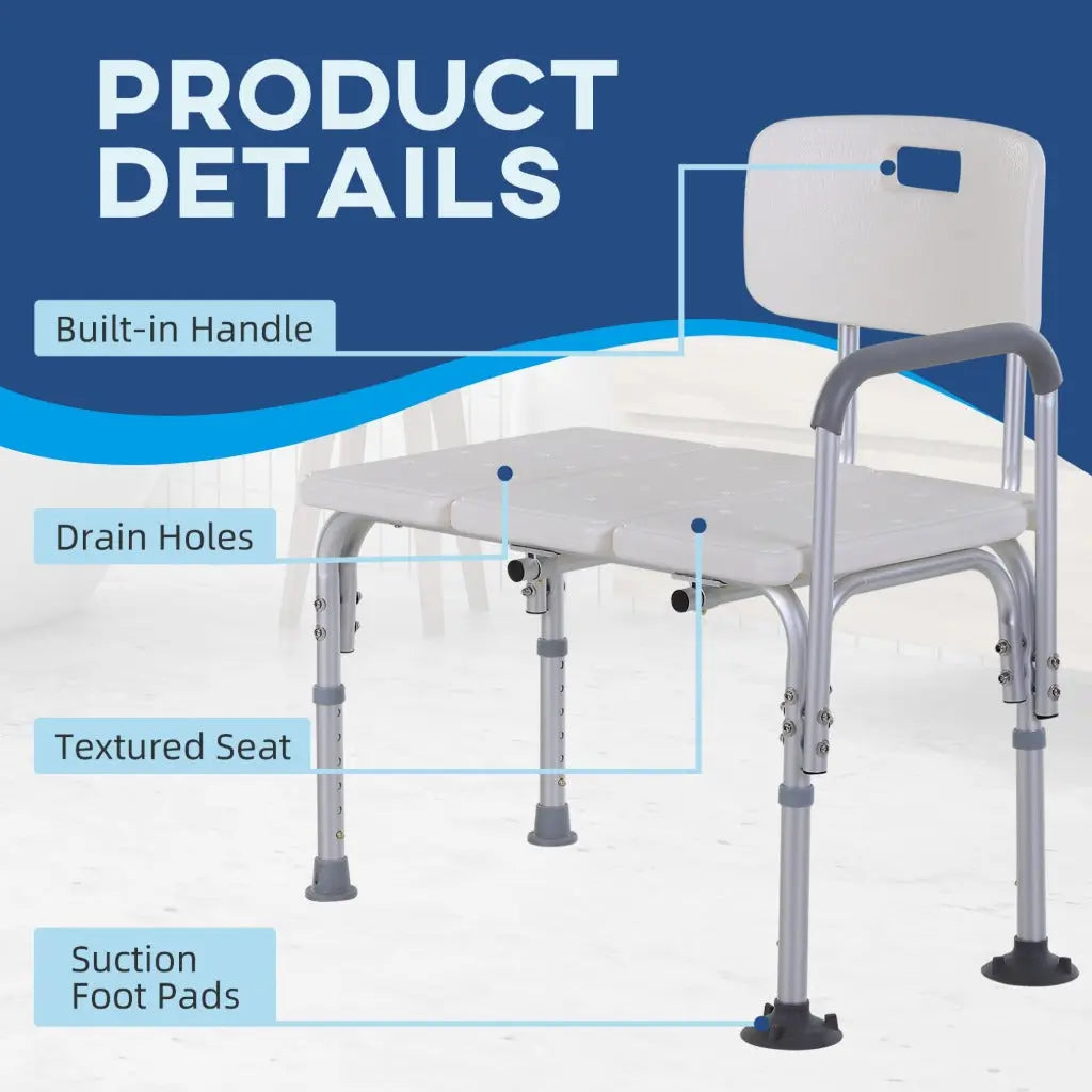 HOMCOM Height Adjustable Shower Chair, Non Slip Bath Transfer Bench for Elderly, Disabled with Armrest and Backrest, 300 lbs Capacity, White - Damaged Box HOMCOM