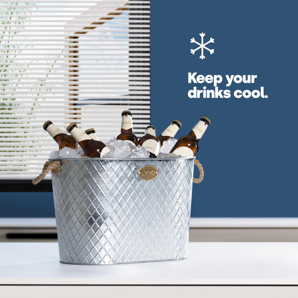 LIVIVO Galvanised Steel 24L Ice Cool Bucket Pail - Diamond Embossed, Rope Handles for Drinks, Beer, Wine, Champagne - Very Good