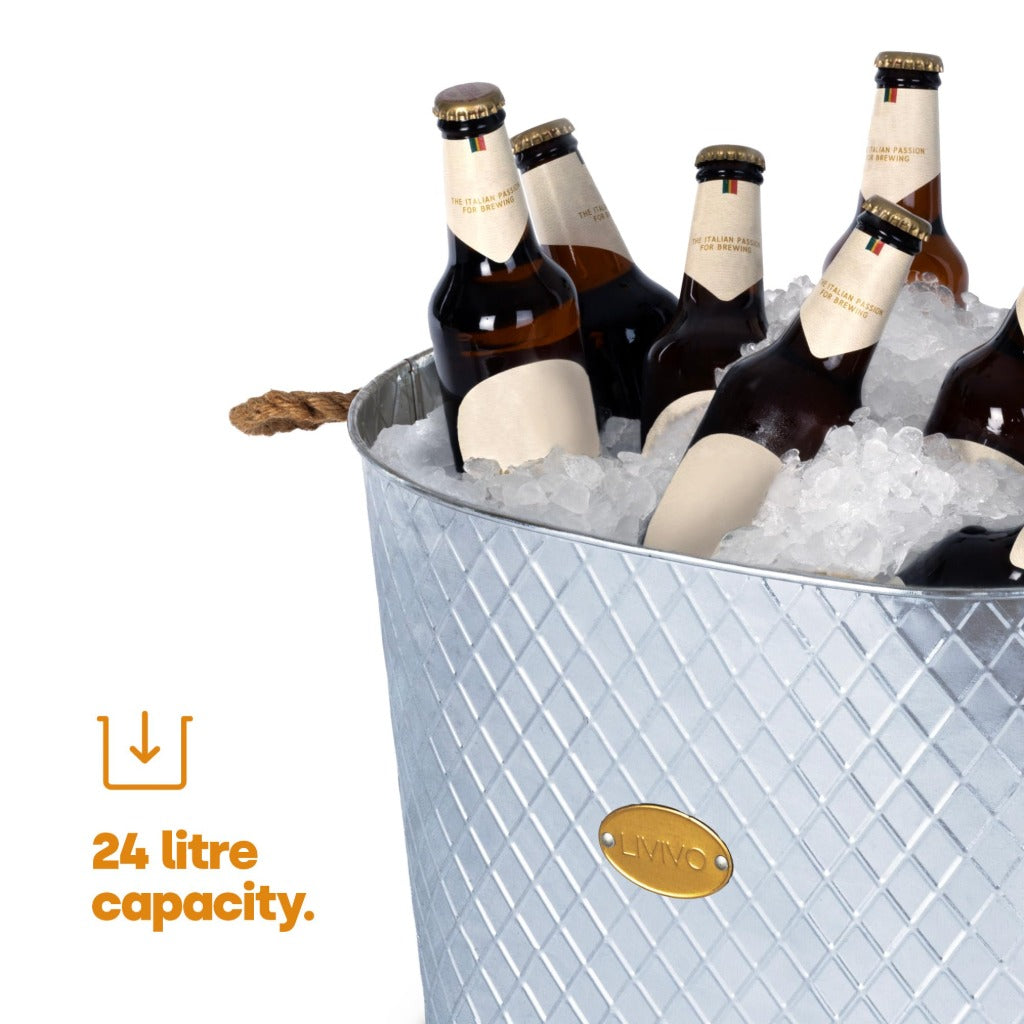 LIVIVO Galvanised Steel 24L Ice Cool Bucket Pail - Diamond Embossed, Rope Handles for Drinks, Beer, Wine, Champagne - Very Good