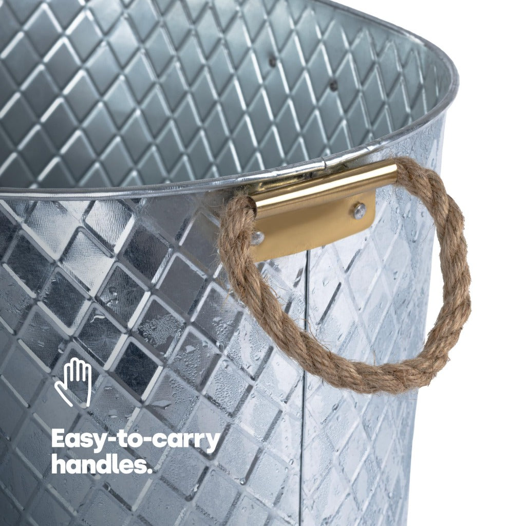 LIVIVO Galvanised Steel 24L Ice Cool Bucket Pail - Diamond Embossed, Rope Handles for Drinks, Beer, Wine, Champagne - Very Good