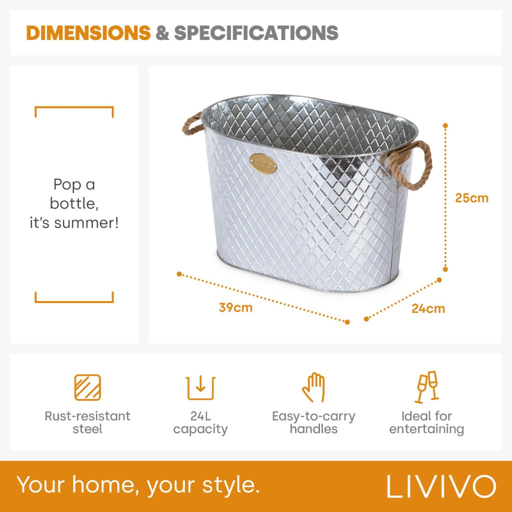 LIVIVO Galvanised Steel 24L Ice Cool Bucket Pail - Diamond Embossed, Rope Handles for Drinks, Beer, Wine, Champagne - Very Good