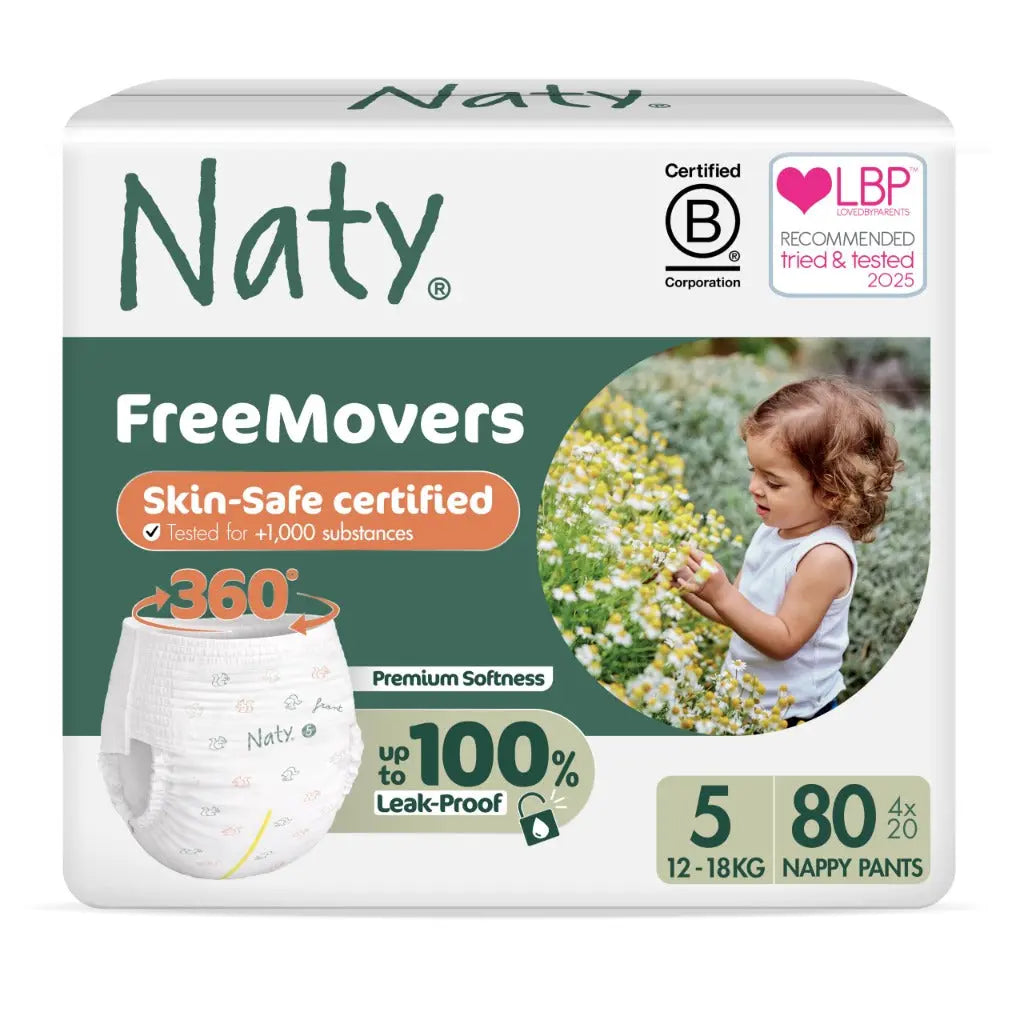 Naty FreeMovers Nappy Pants -Sensitive Skin, Potty Training Pants -Soft, Fragrance Free, Absorbent & Leak-Proof, Unisex Baby & Toddler, Size 5 (12-18 kg), 80 Count - Damaged Box Naty