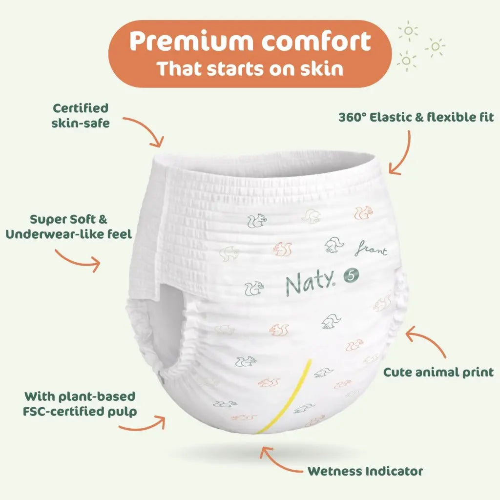 Naty FreeMovers Nappy Pants -Sensitive Skin, Potty Training Pants -Soft, Fragrance Free, Absorbent & Leak-Proof, Unisex Baby & Toddler, Size 5 (12-18 kg), 80 Count - Damaged Box Naty