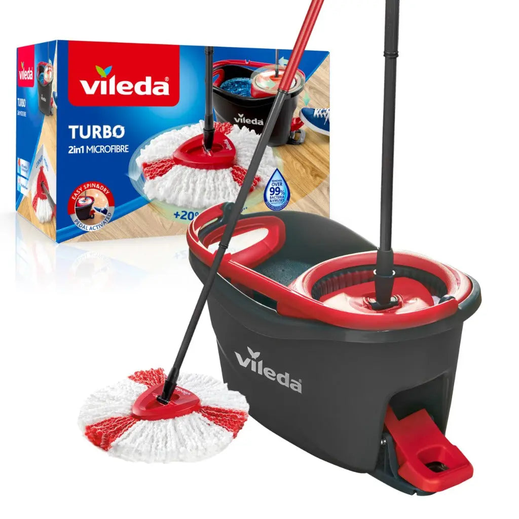Vileda Turbo 2in1 Spin Mop & Bucket Set with Foot Pedal | Telescopic Handle (Up to 123cm) & 2in1 Microfibre Mop Head with Extra 2-in-1 Refill | Powerful Cleaning Removes 99% of Dirt with Water - Damaged Box Vileda