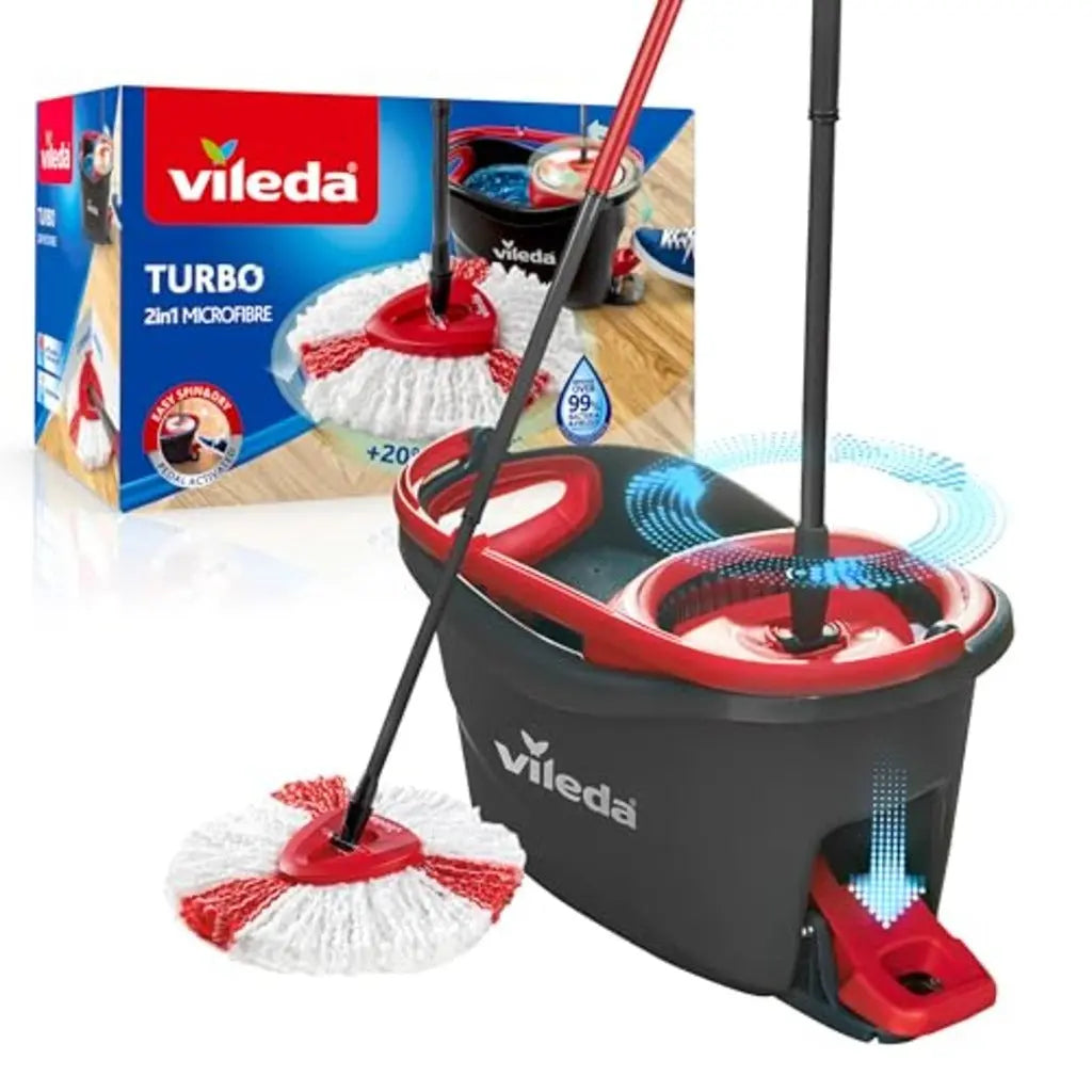 Vileda Turbo 2in1 Spin Mop & Bucket Set with Foot Pedal | Telescopic Handle (Up to 123cm) & 2in1 Microfibre Mop Head with Extra 2-in-1 Refill | Powerful Cleaning Removes 99% of Dirt with Water - Damaged Box Vileda