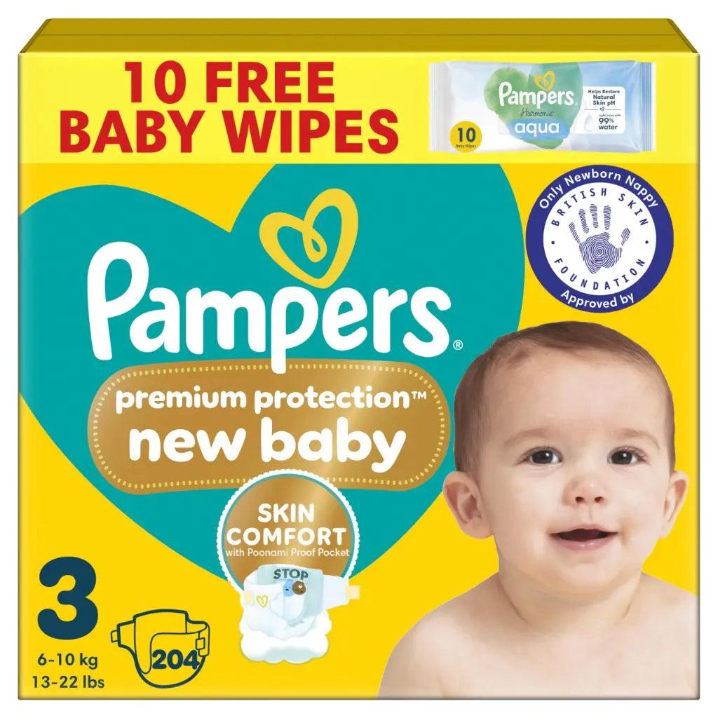 Pampers Premium Protection New Baby Size 3, 204 Nappies, 6kg-10kg, Monthly Pack, The Only Newborn Nappy Approved by British Skin Foundation - Damaged Box Pampers
