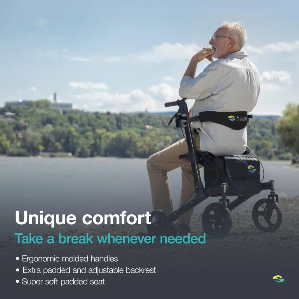 Helavo Premium Foldable Rollator with Seat - Uniquely Adjustable Aluminum Rolling Walker for Seniors and Adults - Damaged Box Helavo