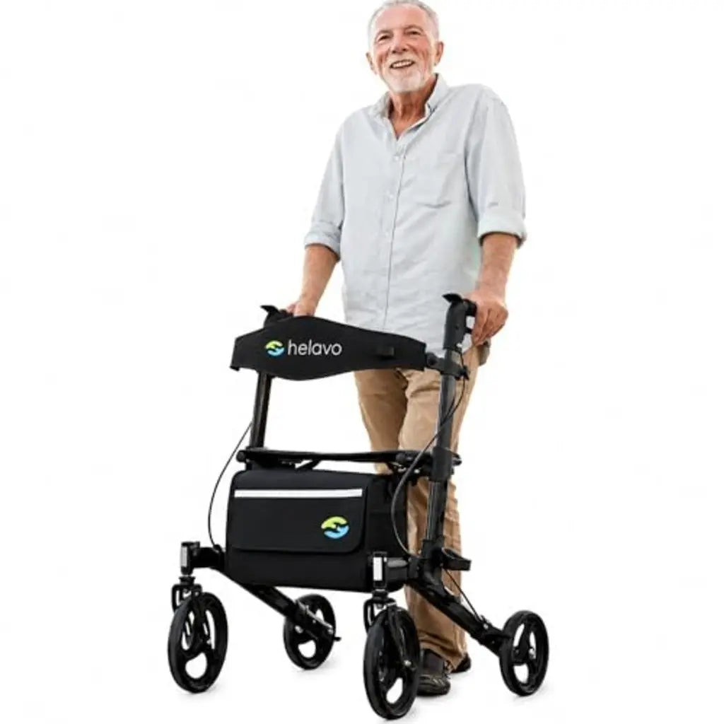 Helavo Premium Foldable Rollator with Seat - Uniquely Adjustable Aluminum Rolling Walker for Seniors and Adults - Damaged Box Helavo