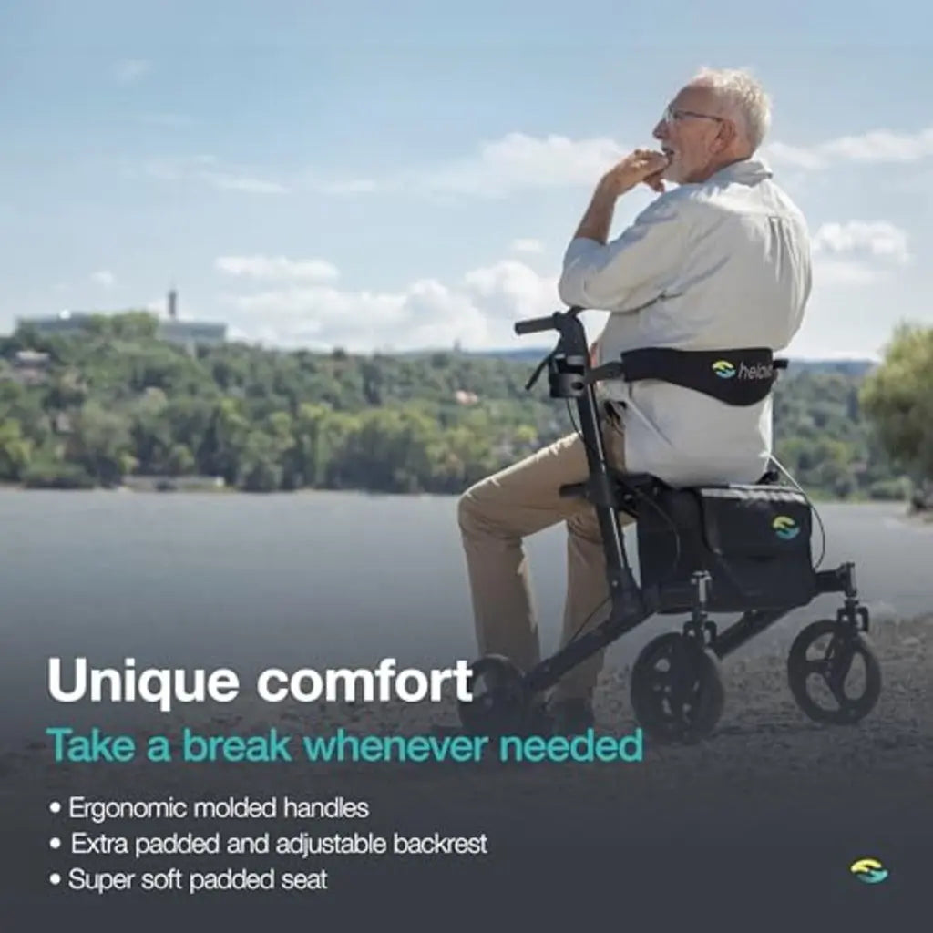 Helavo Premium Foldable Rollator with Seat - Uniquely Adjustable Aluminum Rolling Walker for Seniors and Adults - Damaged Box Helavo