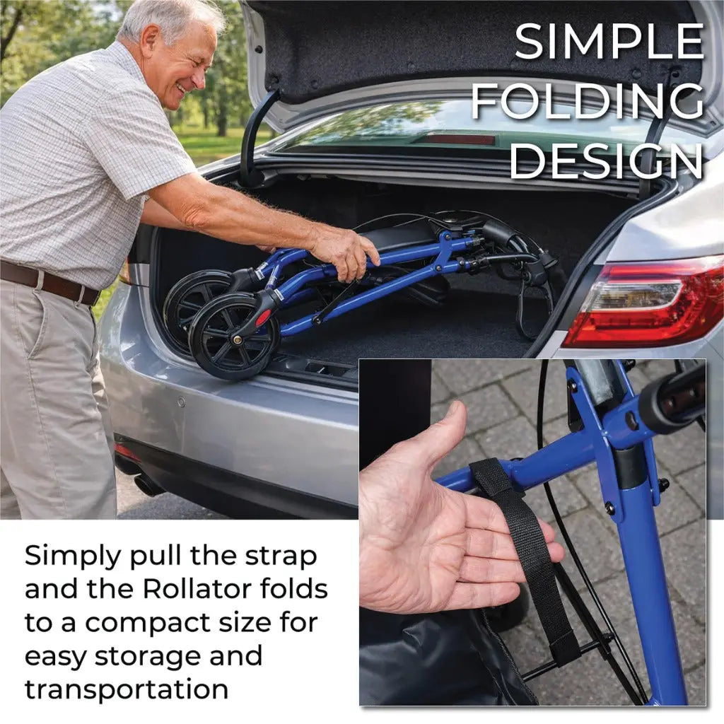 Aidapt Folding Rollator Walker with Padded Seat, Steel Frame, 8 Inch Puncture-Proof Wheels, Walking Aid with Brakes, Shopping Bag & Adjustable Handles for Seniors and Elderly - Damaged Box Aidapt