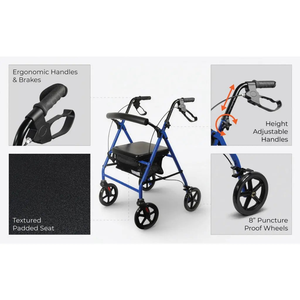 Aidapt Folding Rollator Walker with Padded Seat, Steel Frame, 8 Inch Puncture-Proof Wheels, Walking Aid with Brakes, Shopping Bag & Adjustable Handles for Seniors and Elderly - Damaged Box Aidapt