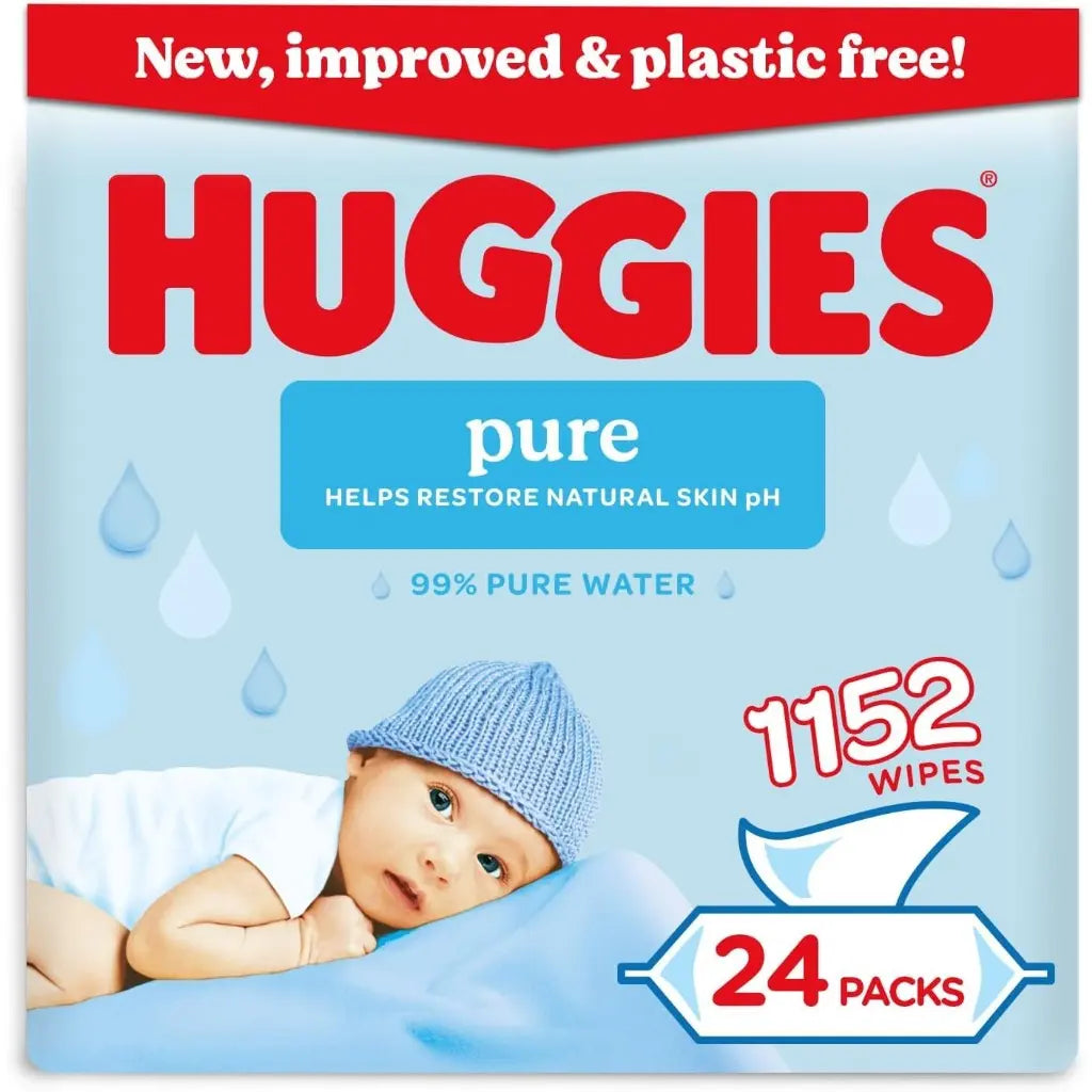 Huggies Pure Plastic Free Baby Wipes - Pack of 12 (576 Wipes) - 99% Water Wet Wipes, Fragrance Free, Hypoallergenic, Better Cleaning, Soft and Gentle on Babies' Delicate Skin - BBE 02/2028 Huggies