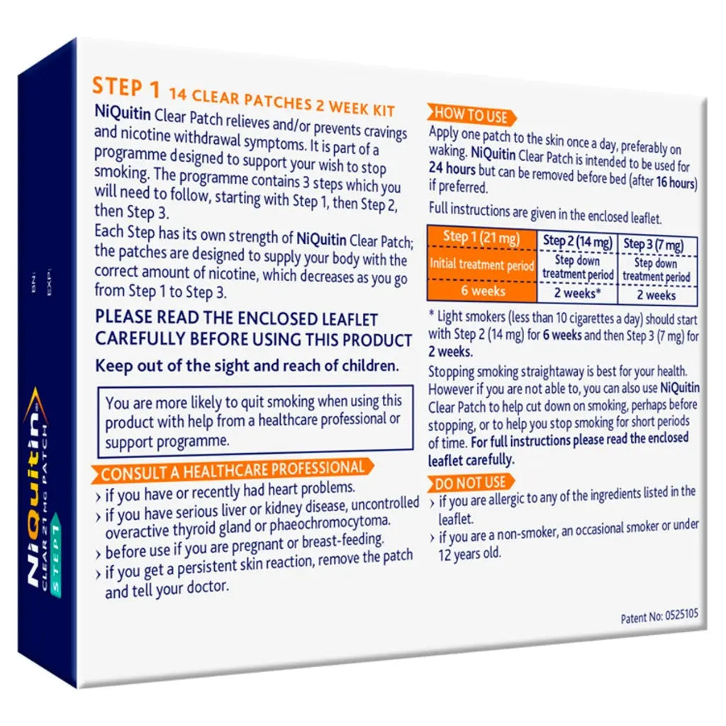 NiQuitin 21mg Nicotine Patches (Step 1-14 Clear Patches) - 24 Hour Craving Control - 1 Week Treatment Patches to Quit Or Reduce - Discreet Transparent Stop Smoking & Vaping Aids - BBE 04/2028 NiQuitin