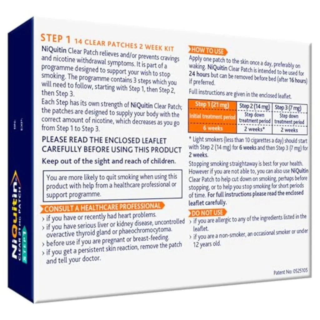 NiQuitin 21mg Nicotine Patches (Step 1-14 Clear Patches) - 24 Hour Craving Control - 1 Week Treatment Patches to Quit Or Reduce - Discreet Transparent Stop Smoking & Vaping Aids - BBE 04/2028 NiQuitin