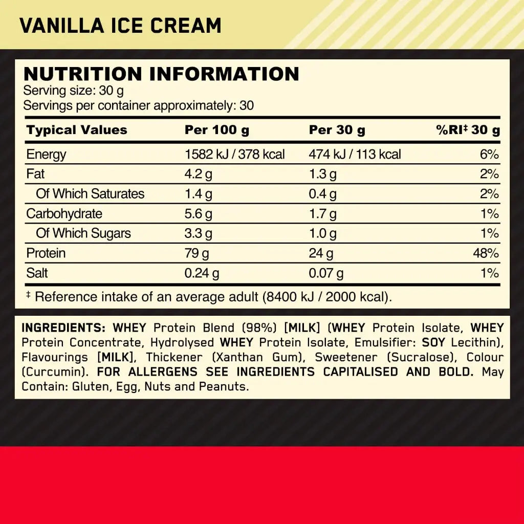 Optimum Nutrition Gold Standard 100% Whey Muscle Building and Recovery Protein Powder With Naturally Occurring Glutamine and BCAA Amino Acids, Vanilla Ice Cream Flavour, 30 Servings, 900 g - BBE 03/2028 Optimum Nutrition