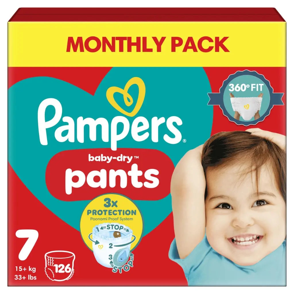 Pampers Baby-Dry Nappy Pants Size 7, 126 Nappies, 15kg+, Monthly Pack, 360^0 Fit To Help Prevent Gaps And Leaks Pampers