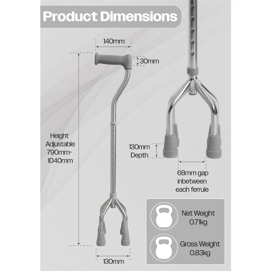 Aidapt Small-Base Quad Cane/Tetrapod - Height-Adjustable Walking Stick with Non-Slip Rubber Ferrules, 10 Height Settings for Extra Stability, 715-965 mm Range - Damaged Box Aidapt