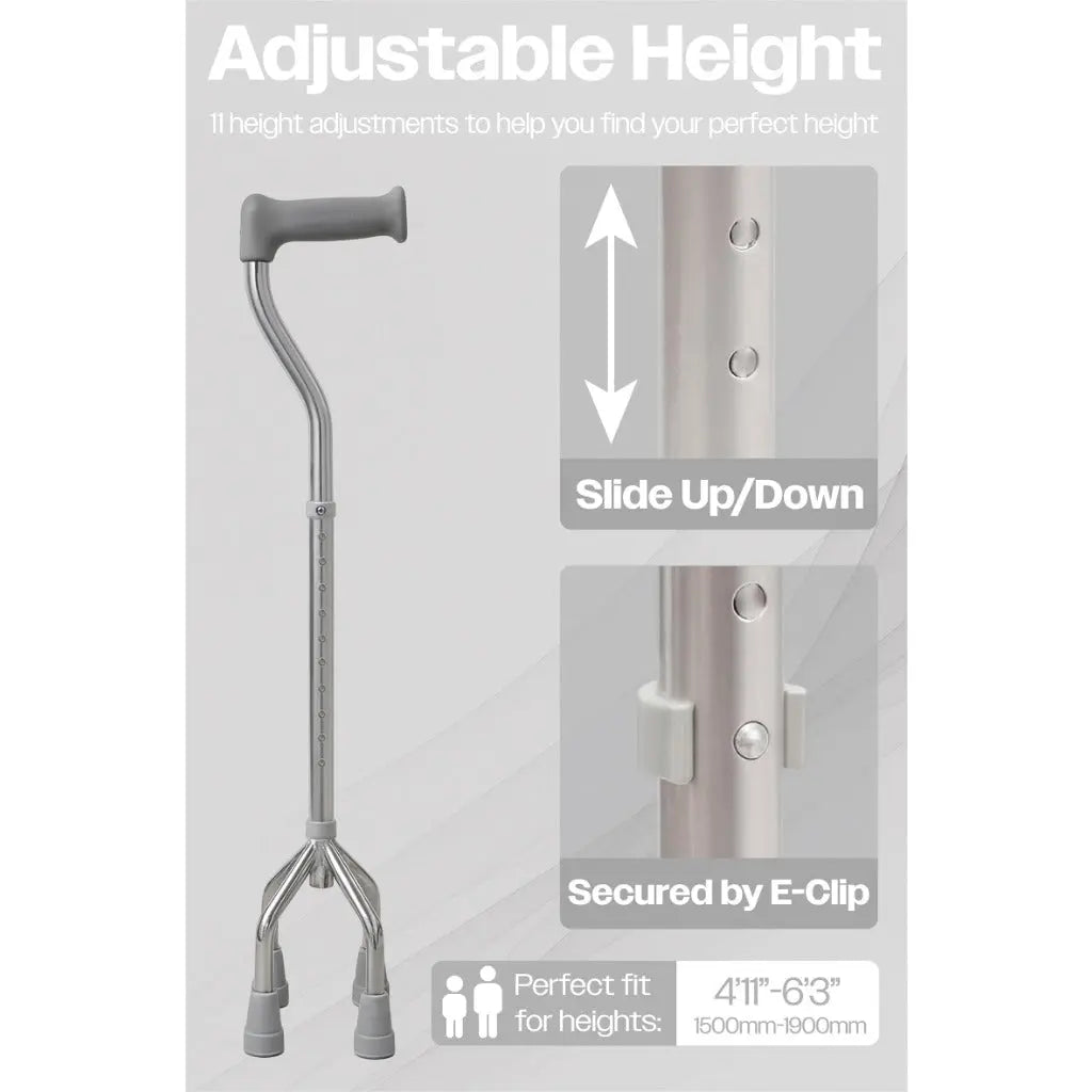 Aidapt Small-Base Quad Cane/Tetrapod - Height-Adjustable Walking Stick with Non-Slip Rubber Ferrules, 10 Height Settings for Extra Stability, 715-965 mm Range - Damaged Box Aidapt