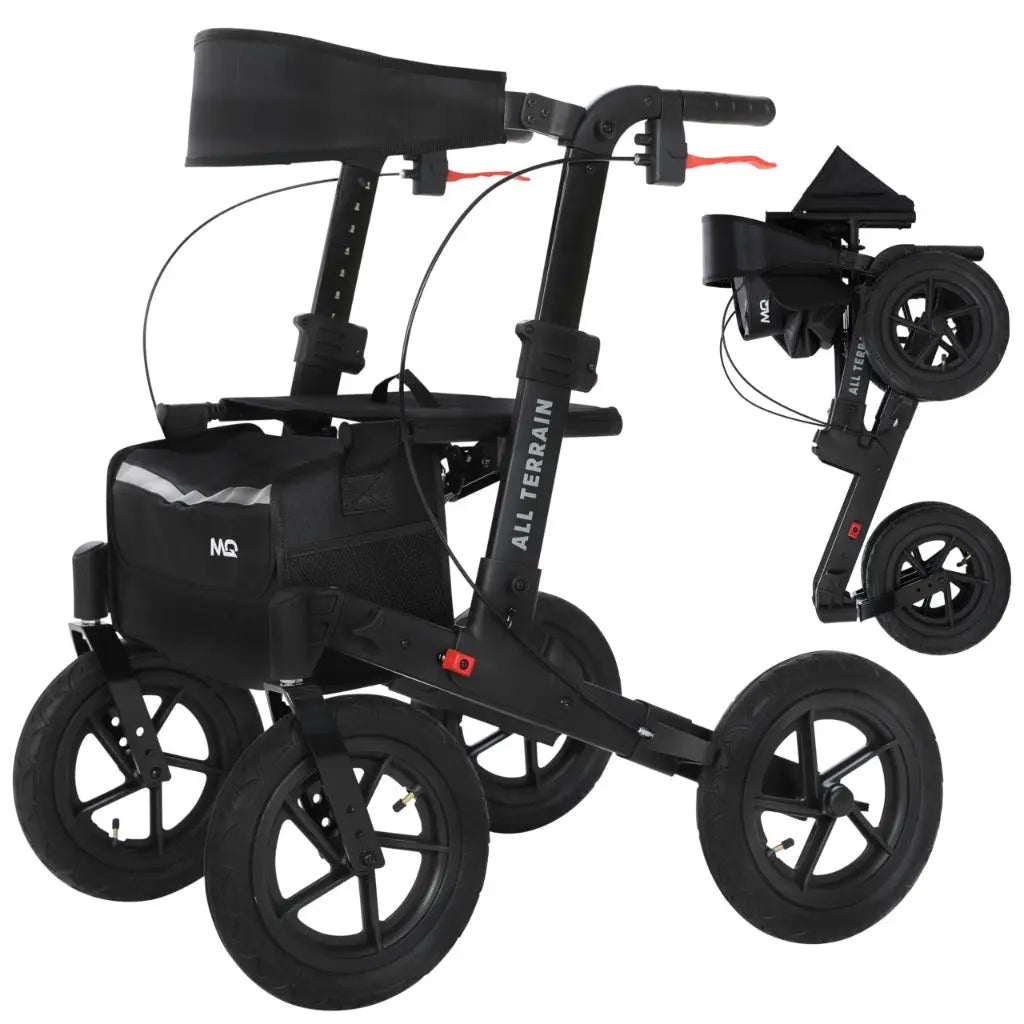 MobiQuip All Terrain 4 Wheel Rollator Walker with Seat, Black Coloured Frame - Lightweight, Folding Mobility Aids with Large 12" Pneumatic Tyres - Adjustable Handles, Easy-Grip Brakes & Storage - Damaged Box MobiQuip