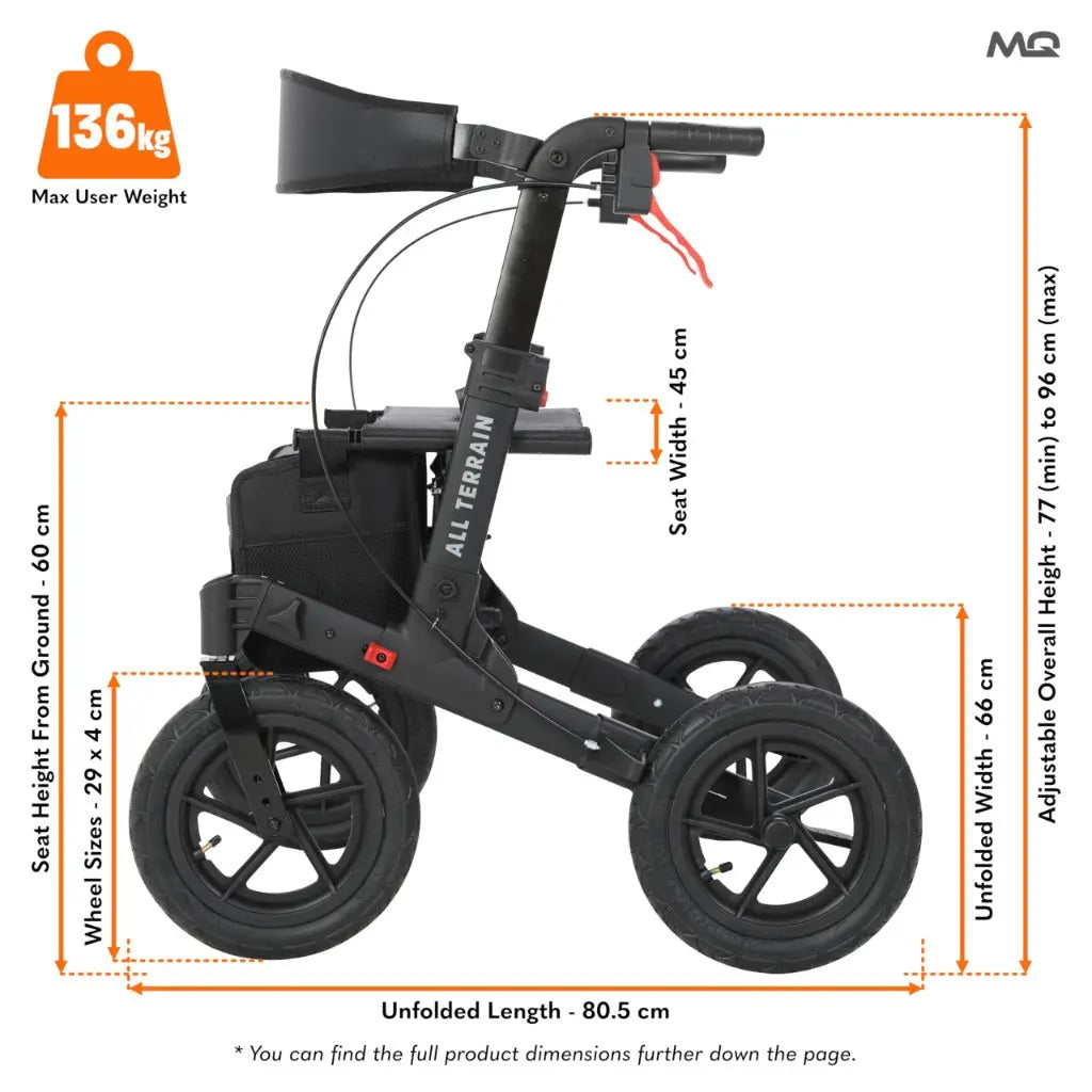 MobiQuip All Terrain 4 Wheel Rollator Walker with Seat, Black Coloured Frame - Lightweight, Folding Mobility Aids with Large 12" Pneumatic Tyres - Adjustable Handles, Easy-Grip Brakes & Storage - Damaged Box MobiQuip