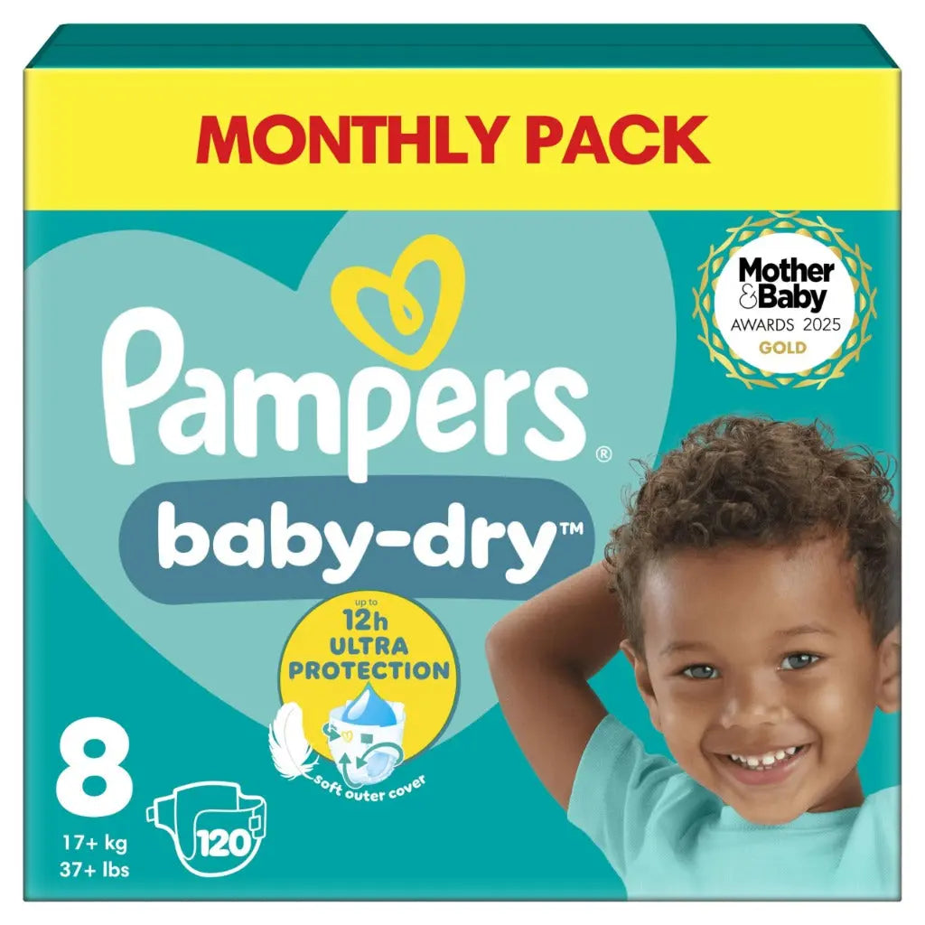 Pampers Baby-Dry Size 8, 120 Nappies, 17kg+, Monthly Pack, Up to a 100% Leak-Free & Comfortable Night- - Damaged Box Pampers