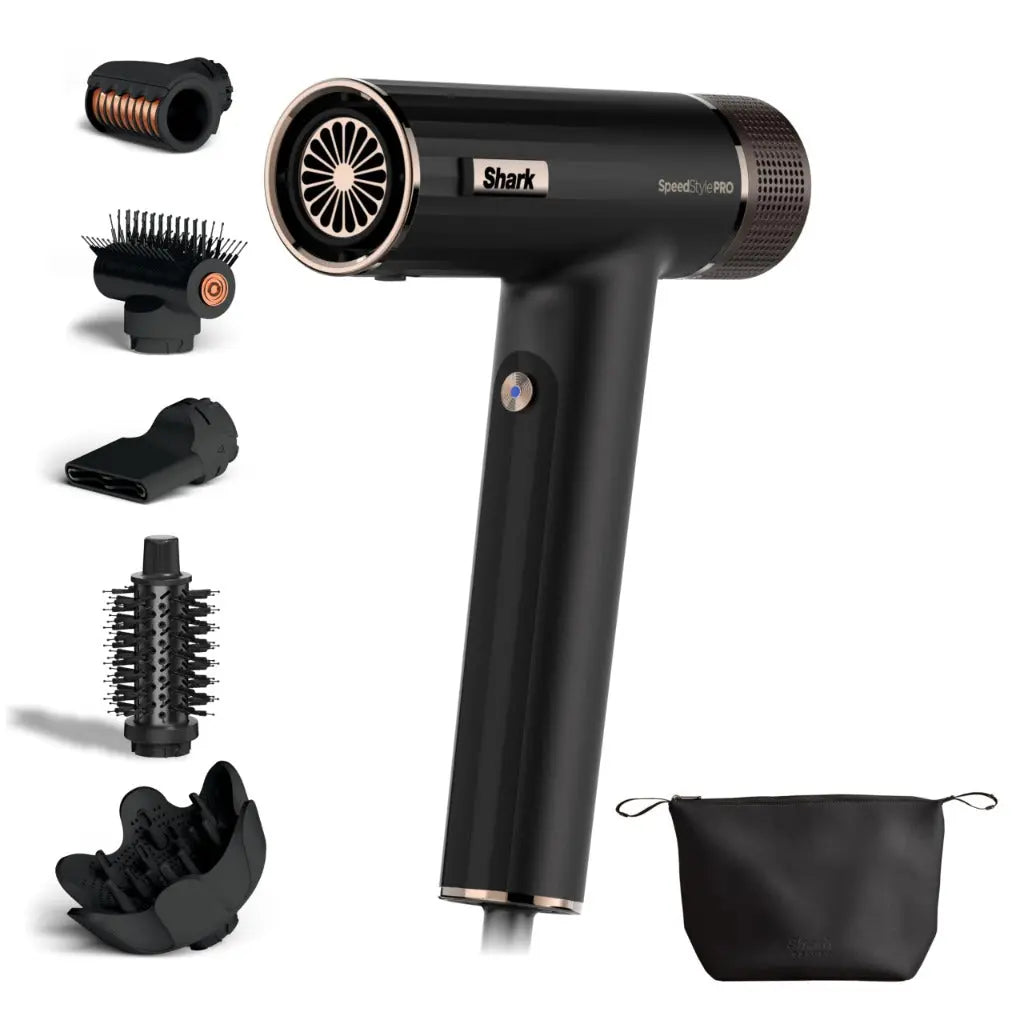 Shark SpeedStyle Pro Hair Dryer, High Performance High-Velocity Hair Dryer For All Hair Types w/ Scalp Shield Technology, 5 Attachments, Lightweight, Ionic, No Heat Damage, Storage Bag, Black HD752UK - Very Good Shark