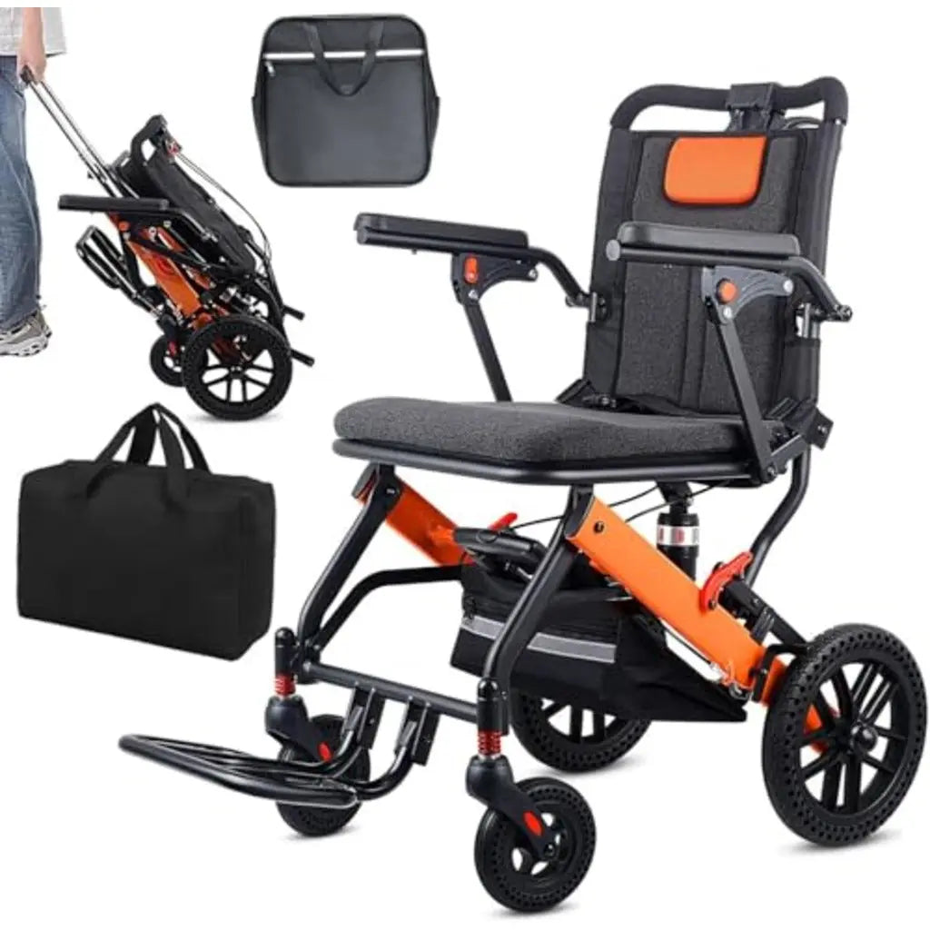 WISGING Ultra-Light Transport Wheelchair, Folding Portable Wheelchair with Hand Brake, Trolleys for Elderly Aircraft Travel, Wheelchairs for Adults (with Travel Bag/Backbag) (with Telescopic Handle) WISGING