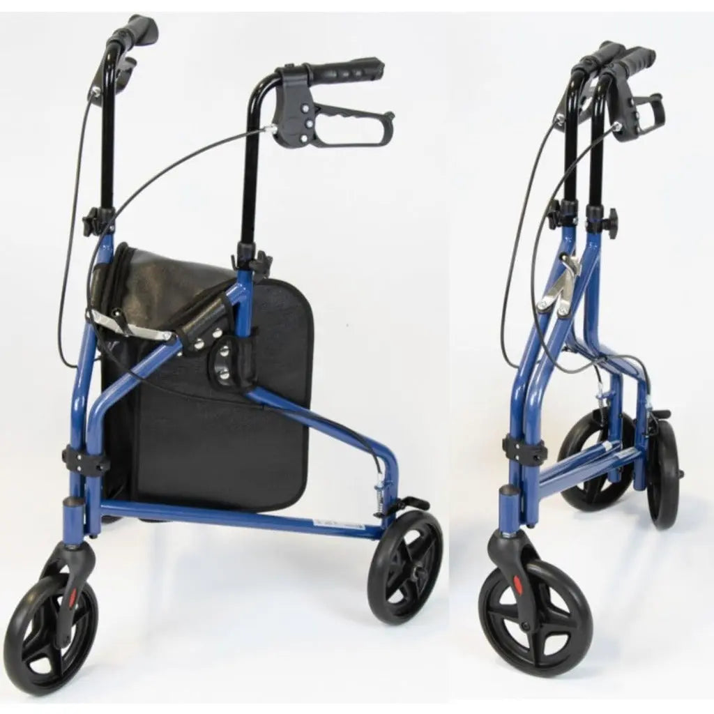NRS Healthcare 3 Wheel Steel Rollator Wheeled Walking Aid with Bag & Lockable Brakes, Folding & Height Adjustable - Blue - Very Good NRS Healthcare