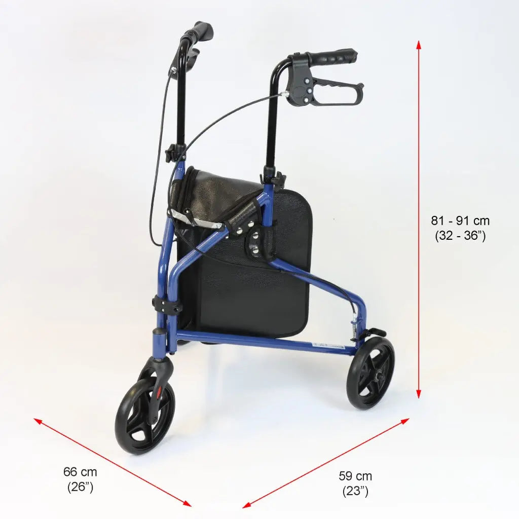 NRS Healthcare 3 Wheel Steel Rollator Wheeled Walking Aid with Bag & Lockable Brakes, Folding & Height Adjustable - Blue - Very Good NRS Healthcare