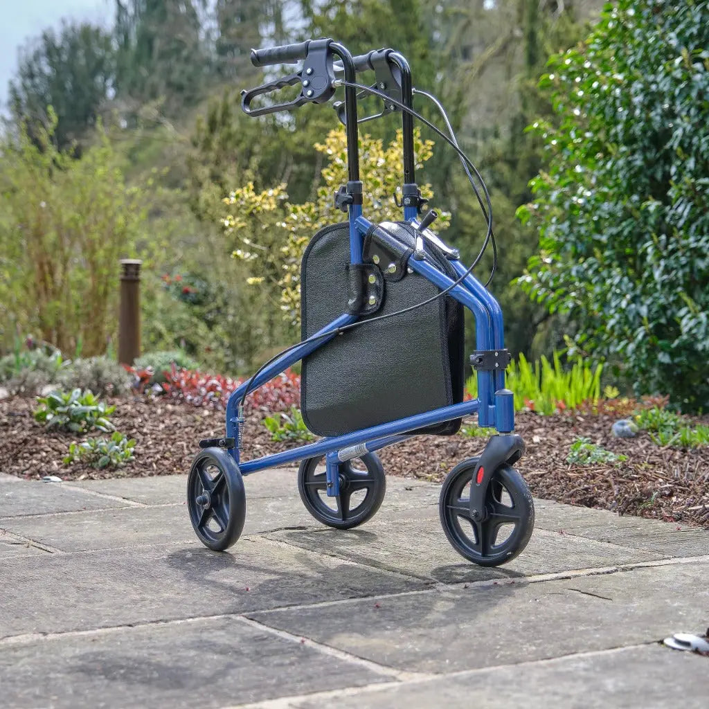NRS Healthcare 3 Wheel Steel Rollator Wheeled Walking Aid with Bag & Lockable Brakes, Folding & Height Adjustable - Blue - Very Good NRS Healthcare