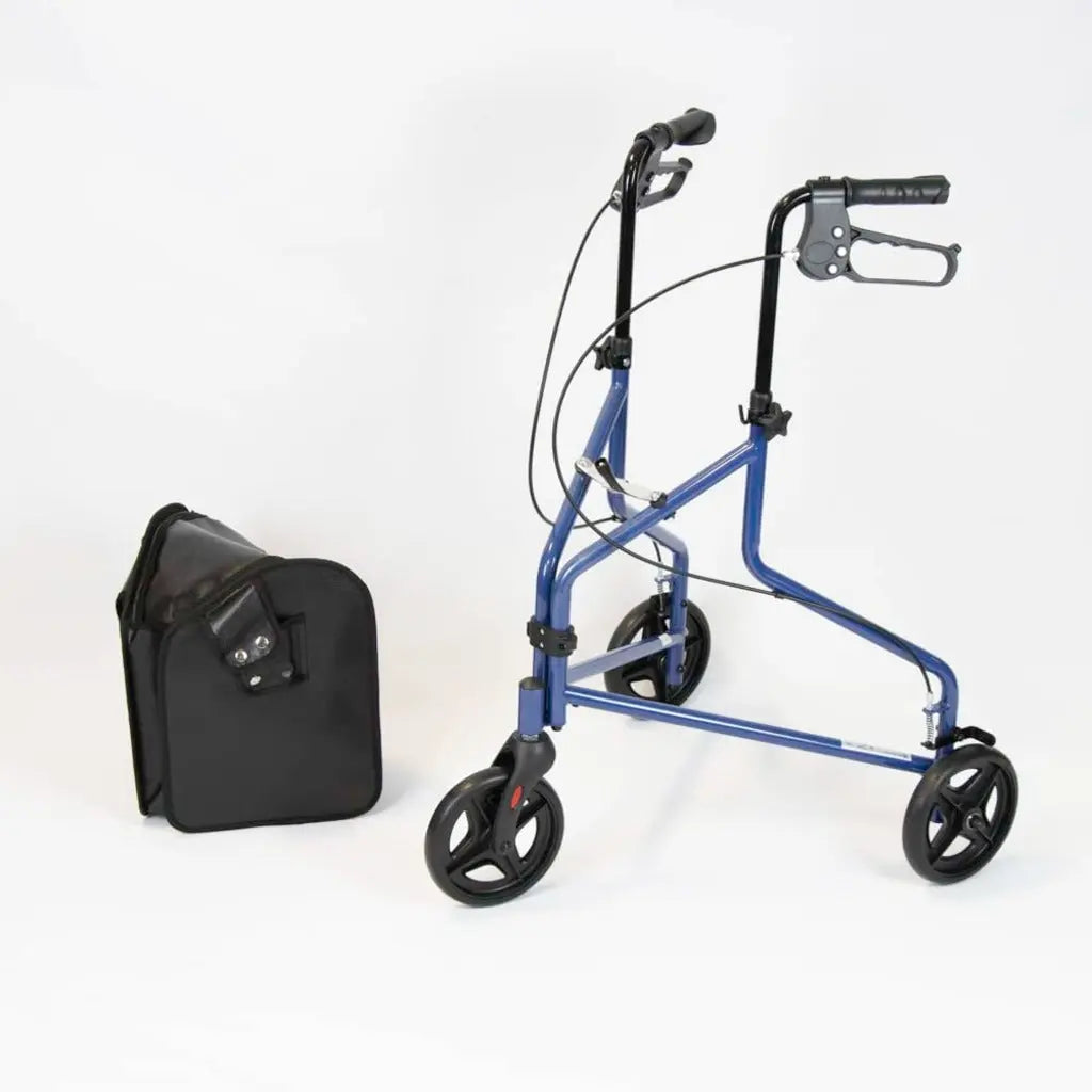NRS Healthcare 3 Wheel Steel Rollator Wheeled Walking Aid with Bag & Lockable Brakes, Folding & Height Adjustable - Blue - Very Good NRS Healthcare