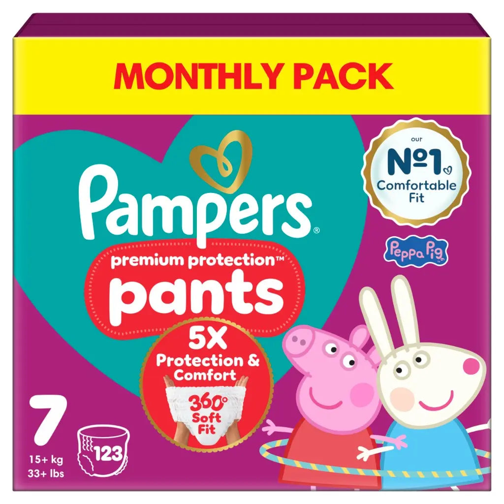 Pampers Premium Protection Nappy Pants Size 7, 123 Nappies, 15kg+, Monthly Pack + Pampers Harmonie Aqua Baby Wipes 1 pack of 10 Wipes- - Damaged Box Pampers