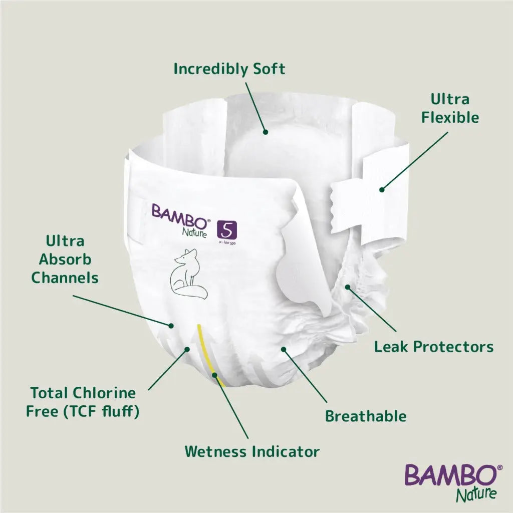 Bambo Nature Premium Eco Nappies, Size 5 (27-40lb/12-18kg), Junior, 132PK, Eco-Labelled Nappies, Enhanced Leakage Protection, Secure and Comfortable Baby Nappy Bambo Nature