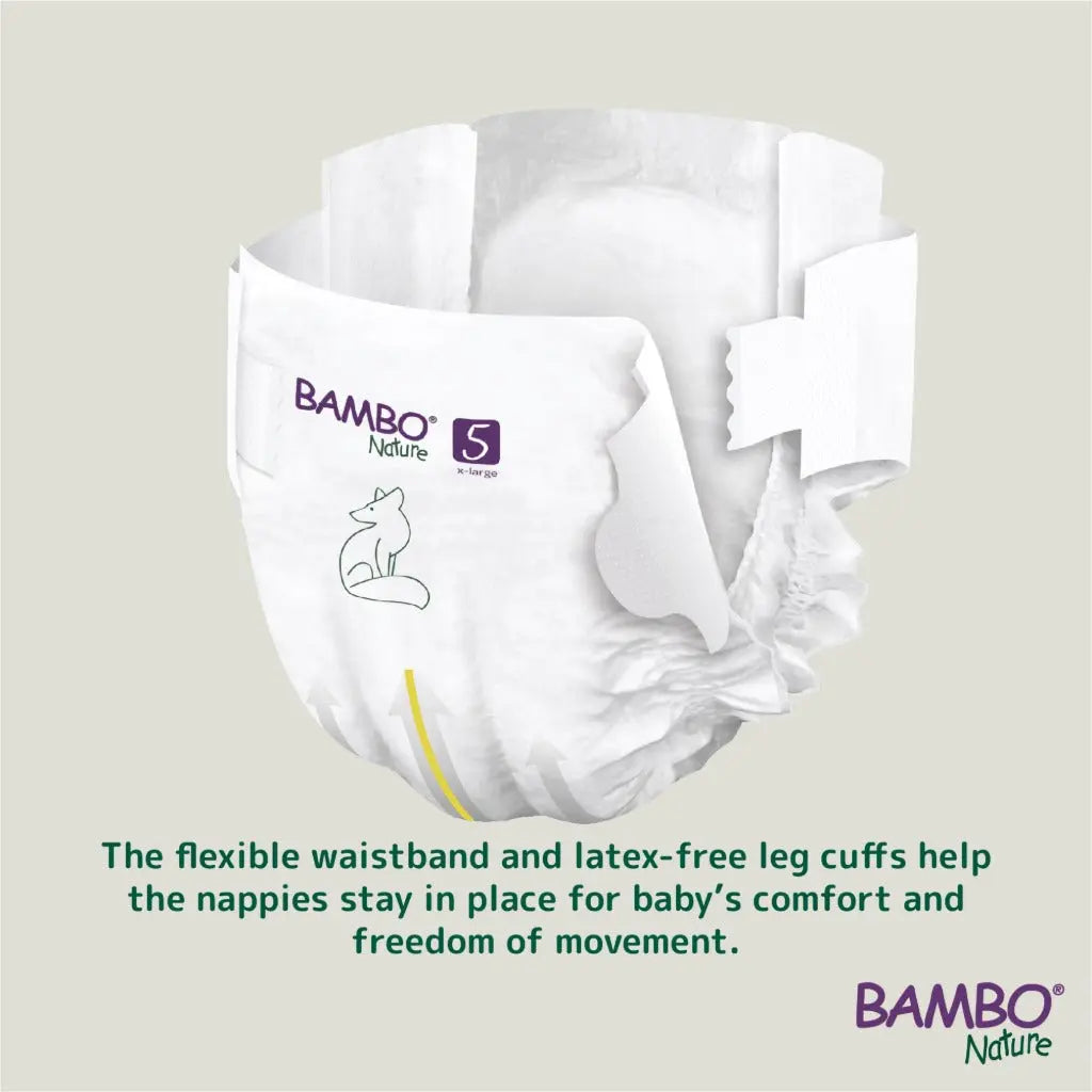 Bambo Nature Premium Eco Nappies, Size 5 (27-40lb/12-18kg), Junior, 132PK, Eco-Labelled Nappies, Enhanced Leakage Protection, Secure and Comfortable Baby Nappy Bambo Nature
