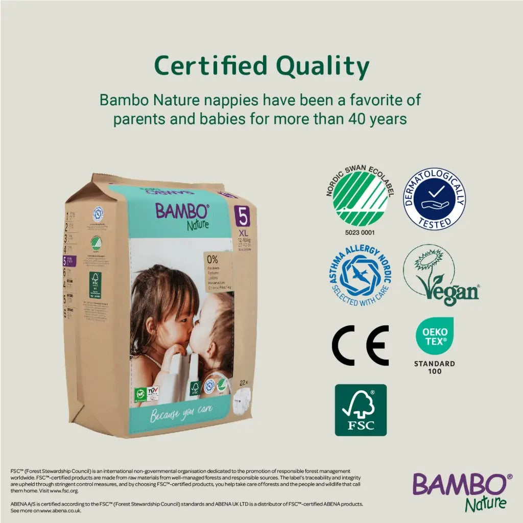 Bambo Nature Premium Eco Nappies, Size 5 (27-40lb/12-18kg), Junior, 132PK, Eco-Labelled Nappies, Enhanced Leakage Protection, Secure and Comfortable Baby Nappy Bambo Nature