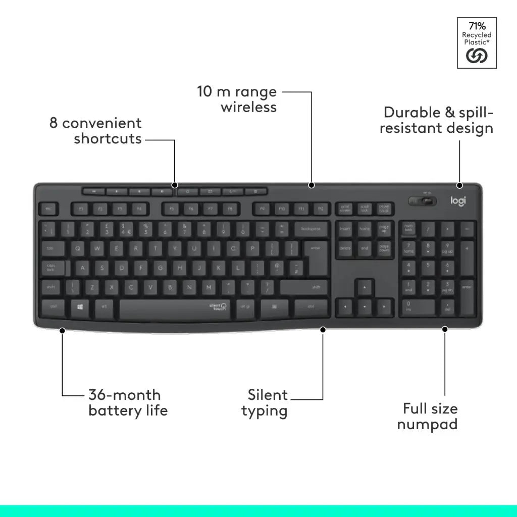 Logitech MK295 Silent Wireless Mouse & Keyboard Combo with SilentTouch Technology, Full Numpad, Advanced Optical Tracking, Lag-Free Wireless, 90% Less Noise, QWERTY UK English Layout - Black Logitech