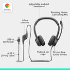 Logitech H390 Wired Headset for PC/Laptop, Stereo Headphones with Noise Cancelling Microphone, USB-A, in-Line Controls for Video Meetings, Music, Gaming and Beyond - Black Logitech