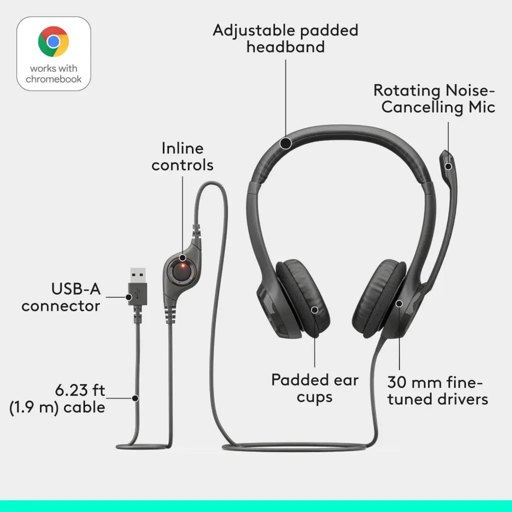 Logitech H390 Wired Headset for PC/Laptop, Stereo Headphones with Noise Cancelling Microphone, USB-A, in-Line Controls for Video Meetings, Music, Gaming and Beyond - Black Logitech