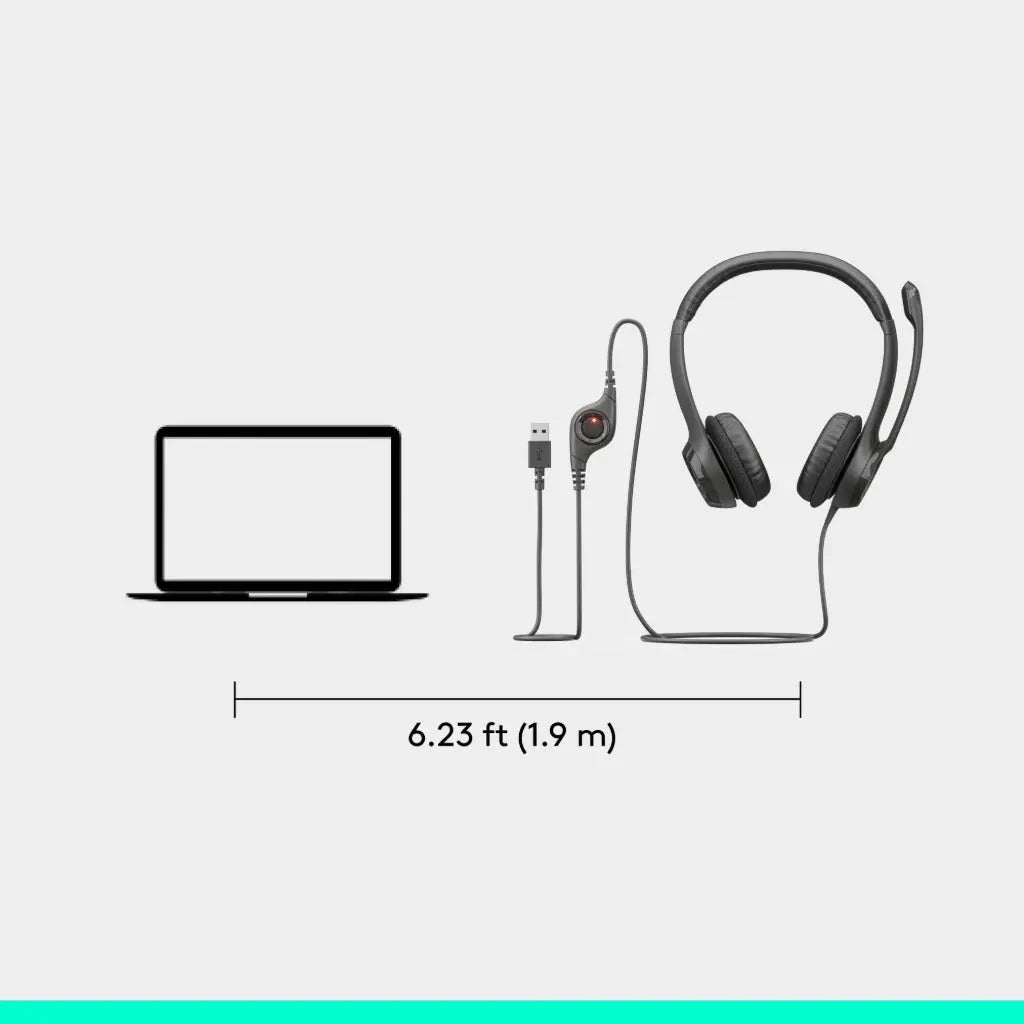 Logitech H390 Wired Headset for PC/Laptop, Stereo Headphones with Noise Cancelling Microphone, USB-A, in-Line Controls for Video Meetings, Music, Gaming and Beyond - Black Logitech