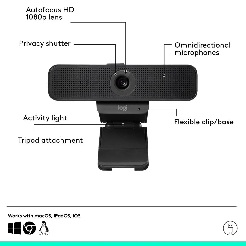 Logitech C925e Business Webcam, HD 1080p/30fps Video, Light Correction, Autofocus, Clear Audio, Privacy Shutter, Works with Microsoft Teams, Google Meet, Skype, WebEx, Cisco - Black Logitech