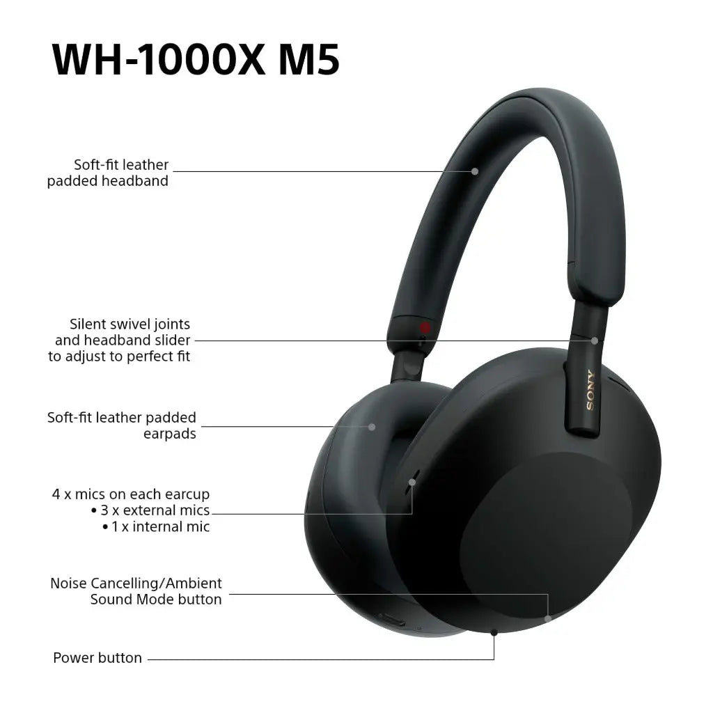 Sony WH-1000XM5 Wireless Over-Ear Headphones, Premium Active Noise Cancelling with personalised Spatial Audio, Up to 30hr Battery Life, Bluetooth Headphones, Black Sony