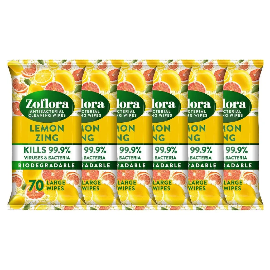 Zoflora Lemon Zing Large Biodegradeable Wipes, Antibacterial Cleaning, 6 x 70 Wipes Pack, Multi-Surface Disinfectant, Removes Odours & Kills 99.9% of Bacteria & Viruses Zoflora