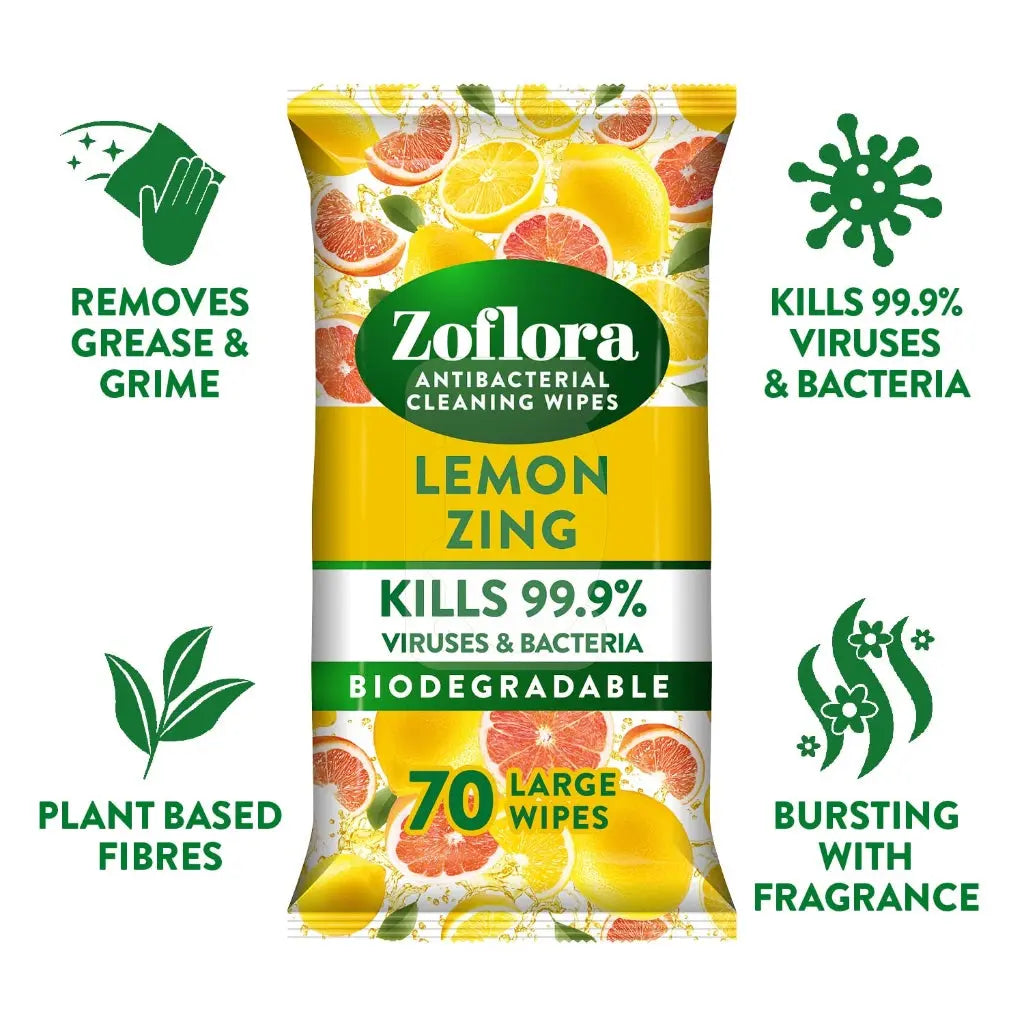 Zoflora Lemon Zing Large Biodegradeable Wipes, Antibacterial Cleaning, 6 x 70 Wipes Pack, Multi-Surface Disinfectant, Removes Odours & Kills 99.9% of Bacteria & Viruses Zoflora